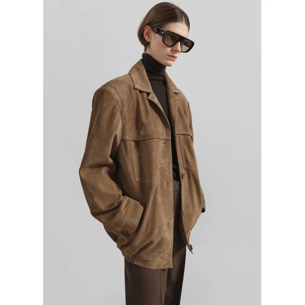 The Frankie Shop Hester Faux Suede Jacket - Camel - Oversized Minimalist Jackets in Brown - Shop at Luxury Shoes 