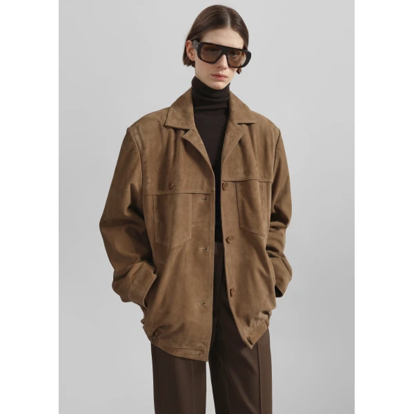 The Frankie Shop Hester Faux Suede Jacket - Camel - Oversized Minimalist Jackets in Brown - Shop at Luxury Shoes 