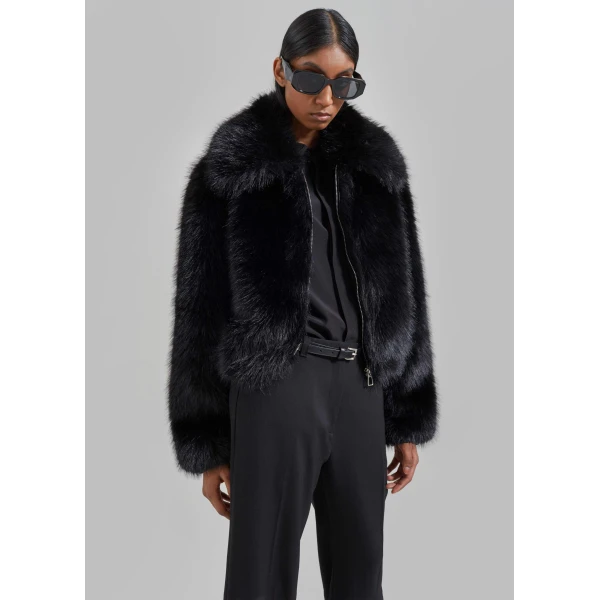 The Frankie Shop Hope Faux Fur Jacket - Black - Oversized Minimalist Jackets in Black - Shop at Luxury Shoes 
