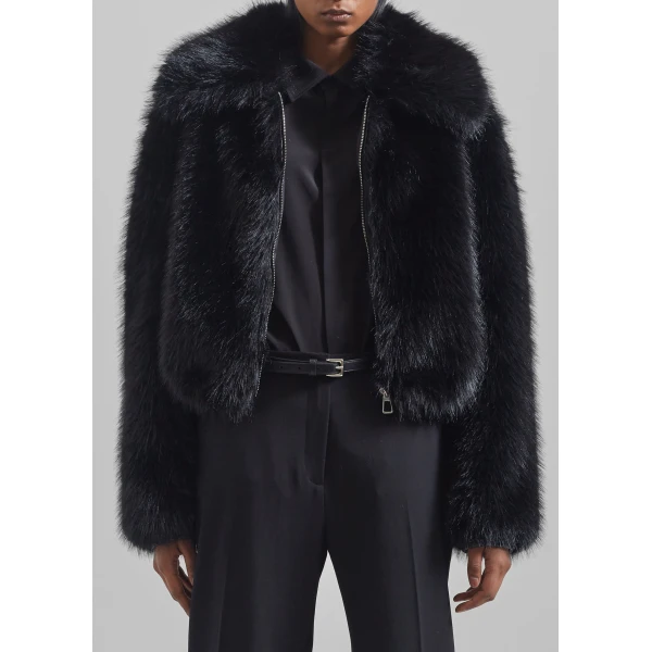The Frankie Shop Hope Faux Fur Jacket - Black - Oversized Minimalist Jackets in Black - Shop at Luxury Shoes 
