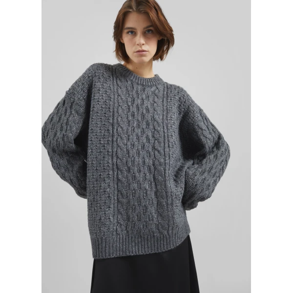 The Frankie Shop Janesen Oversized Cable Knit Sweater - Grey Melange - Oversized Minimalist Knitwear in Grey - Shop at Luxury Shoes 