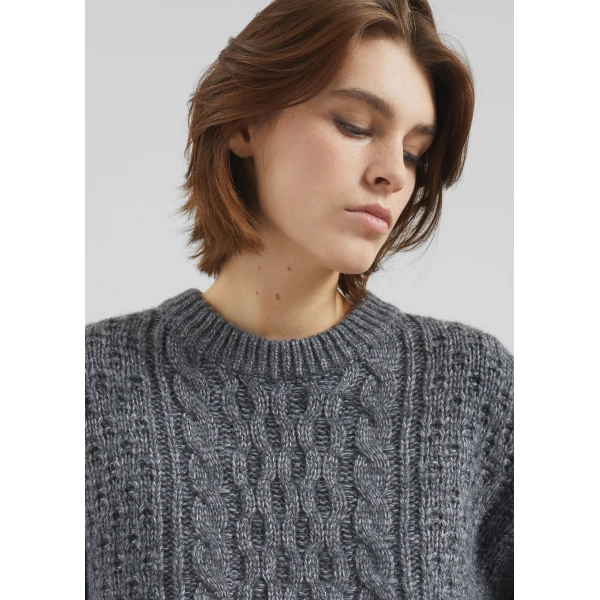 The Frankie Shop Janesen Oversized Cable Knit Sweater - Grey Melange - Oversized Minimalist Knitwear in Grey - Shop at Luxury Shoes 