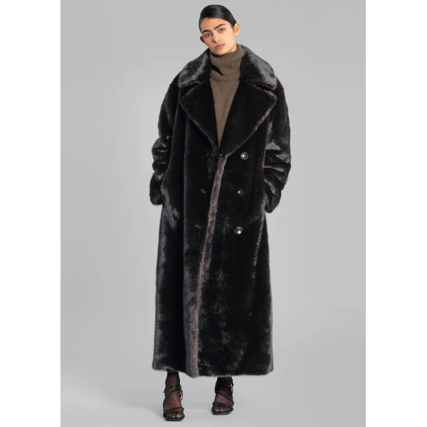 The Frankie Shop Joni Faux Fur Coat - Dark Espresso - Oversized Minimalist Coats in Brown - Shop at Luxury Shoes 