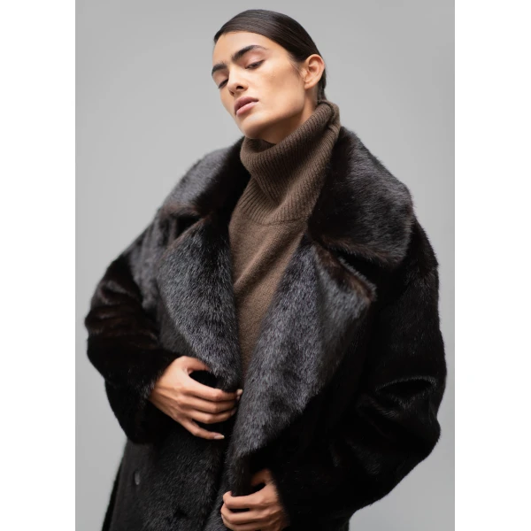 The Frankie Shop Joni Faux Fur Coat - Dark Espresso - Oversized Minimalist Coats in Brown - Shop at Luxury Shoes 