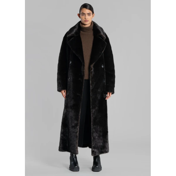 The Frankie Shop Joni Faux Fur Coat - Dark Espresso - Oversized Minimalist Coats in Brown - Shop at Luxury Shoes 