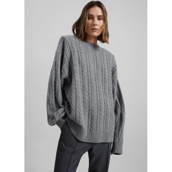 The Frankie Shop Karmoy Cable Knit Padded Sweater - Grey - Oversized Minimalist Knitwear in Grey - Shop at Luxury Shoes 