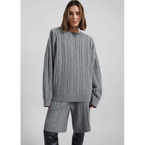 The Frankie Shop Karmoy Cable Knit Padded Sweater - Grey - Oversized Minimalist Knitwear in Grey - Shop at Luxury Shoes 