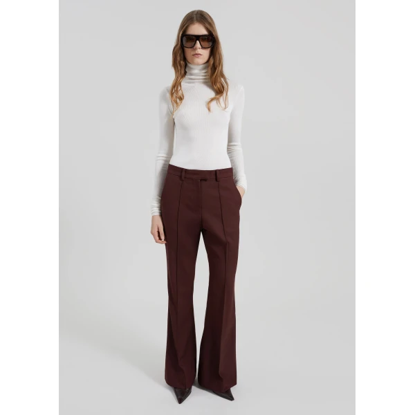 The Frankie Shop Kvale Pintuck Flared Trousers - Burgundy - Oversized Minimalist Pants in Red - Shop at Luxury Shoes 