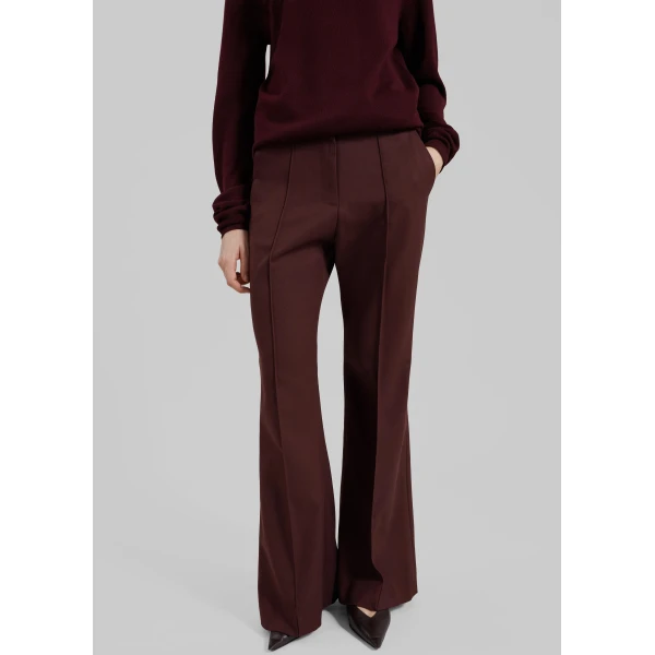The Frankie Shop Kvale Pintuck Flared Trousers - Burgundy - Oversized Minimalist Pants in Red - Shop at Luxury Shoes 