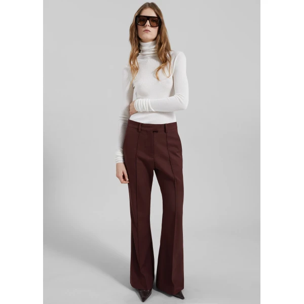 The Frankie Shop Kvale Pintuck Flared Trousers - Burgundy - Oversized Minimalist Pants in Red - Shop at Luxury Shoes 