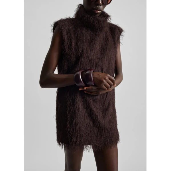 The Frankie Shop Lancy Fringed Funnel Neck Dress - Dark Brown - Oversized Minimalist Dresses in Brown - Shop at Luxury Shoes 
