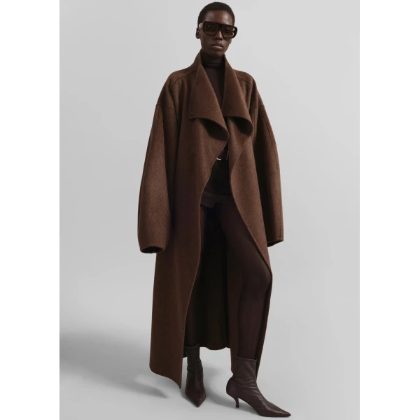 The Frankie Shop Leroy Funnel Neck Wool Coat - Brown Melange - Oversized Minimalist Coats in Brown - Shop at Luxury Shoes 