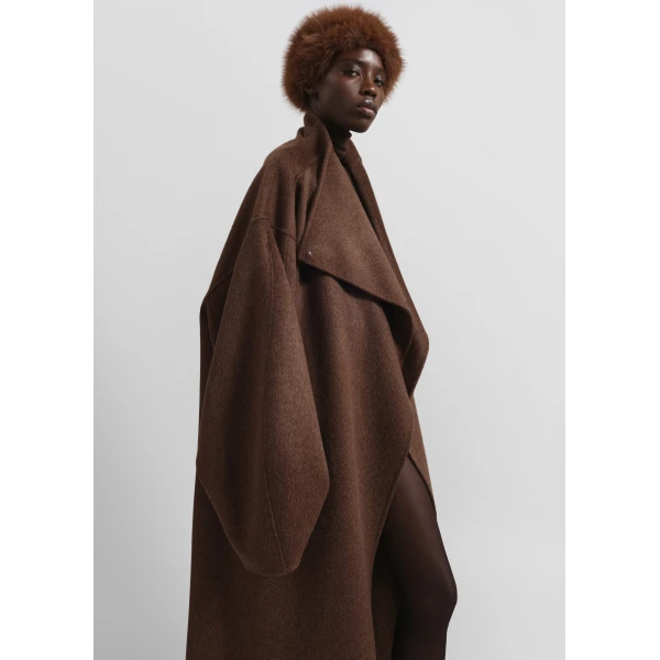 The Frankie Shop Leroy Funnel Neck Wool Coat - Brown Melange - Oversized Minimalist Coats in Brown - Shop at Luxury Shoes 