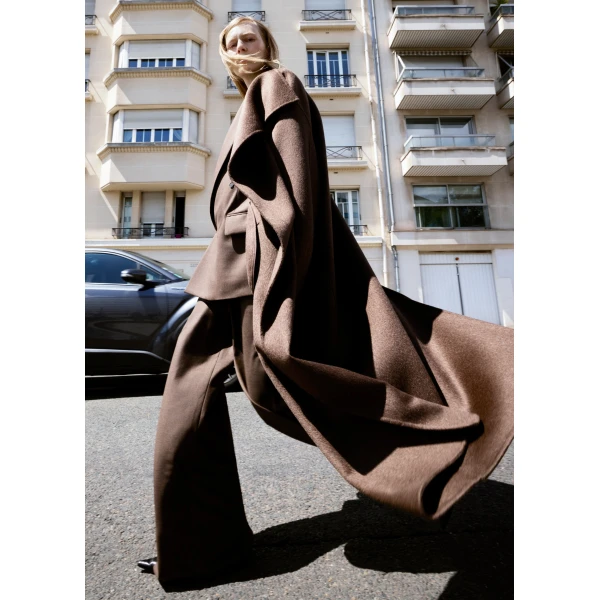 The Frankie Shop Leroy Funnel Neck Wool Coat - Brown Melange - Oversized Minimalist Coats in Brown - Shop at Luxury Shoes 