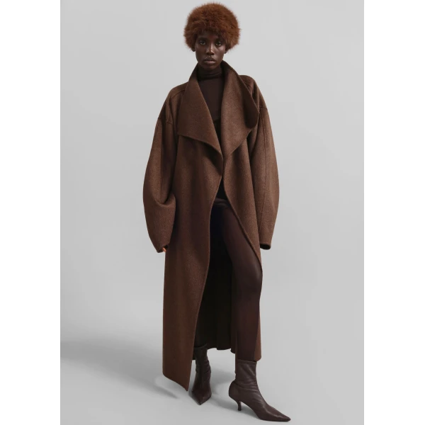 The Frankie Shop Leroy Funnel Neck Wool Coat - Brown Melange - Oversized Minimalist Coats in Brown - Shop at Luxury Shoes 