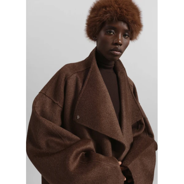 The Frankie Shop Leroy Funnel Neck Wool Coat - Brown Melange - Oversized Minimalist Coats in Brown - Shop at Luxury Shoes 
