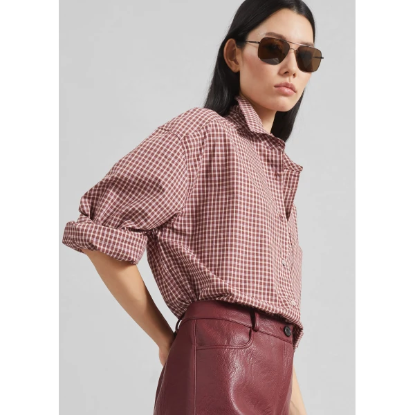 The Frankie Shop Lesja Cotton Shirt - Checked Red - Oversized Minimalist Tops in Red - Shop at Luxury Shoes 