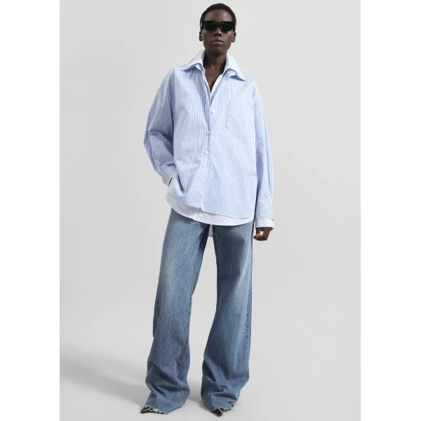 The Frankie Shop Lienz Double Shirt - Blue/White Stripe - Oversized Minimalist Tops in Blue - Shop at Luxury Shoes 