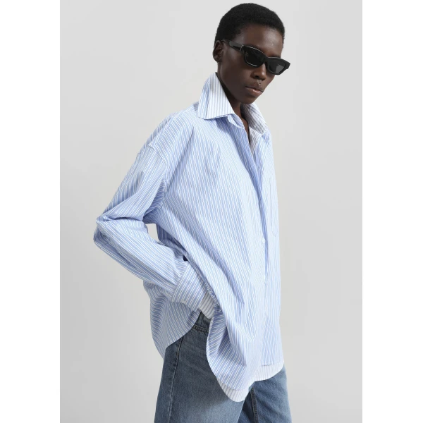 The Frankie Shop Lienz Double Shirt - Blue/White Stripe - Oversized Minimalist Tops in Blue - Shop at Luxury Shoes 