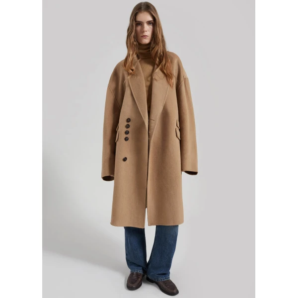 The Frankie Shop Lohit Wool Coat - Camel - Oversized Minimalist Coats in Brown - Shop at Luxury Shoes 