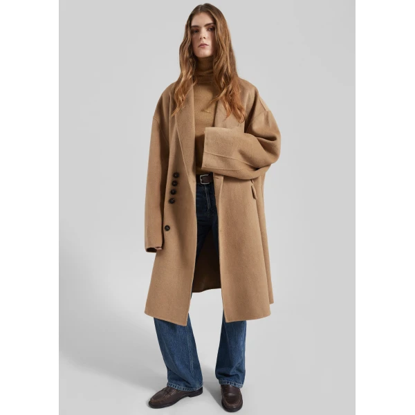 The Frankie Shop Lohit Wool Coat - Camel - Oversized Minimalist Coats in Brown - Shop at Luxury Shoes 