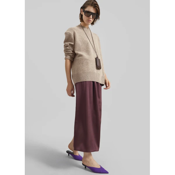 The Frankie Shop Loray Satin Midi Skirt - Burgundy - Oversized Minimalist Skirts in Red - Shop at Luxury Shoes 