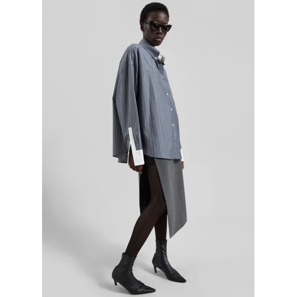 The Frankie Shop Lorna Shirt - Grey/White Pinstripe - Oversized Minimalist Tops in Grey - Shop at Luxury Shoes 