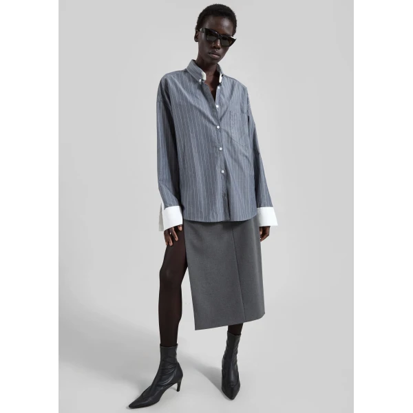The Frankie Shop Lorna Shirt - Grey/White Pinstripe - Oversized Minimalist Tops in Grey - Shop at Luxury Shoes 