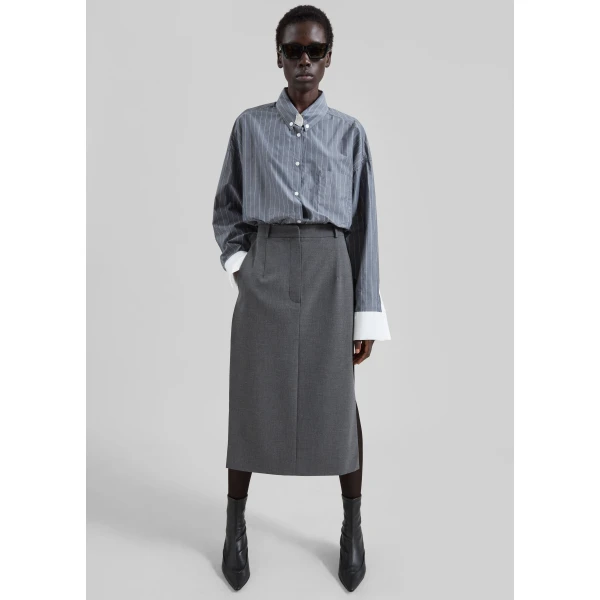 The Frankie Shop Lorna Shirt - Grey/White Pinstripe - Oversized Minimalist Tops in Grey - Shop at Luxury Shoes 