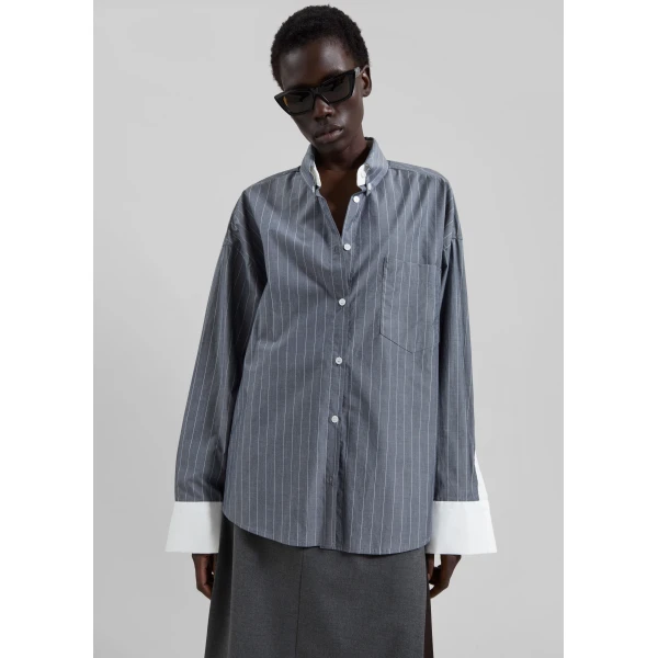 The Frankie Shop Lorna Shirt - Grey/White Pinstripe - Oversized Minimalist Tops in Grey - Shop at Luxury Shoes 