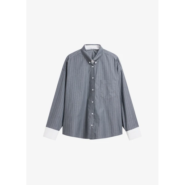 The Frankie Shop Lorna Shirt - Grey/White Pinstripe - Oversized Minimalist Tops in Grey - Shop at Luxury Shoes 