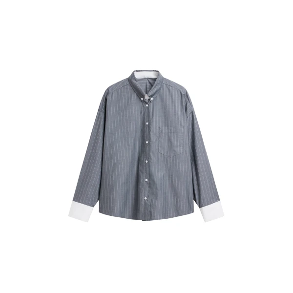 The Frankie Shop Lorna Shirt - Grey/White Pinstripe - Oversized Minimalist Tops in Grey - Shop at Luxury Shoes 