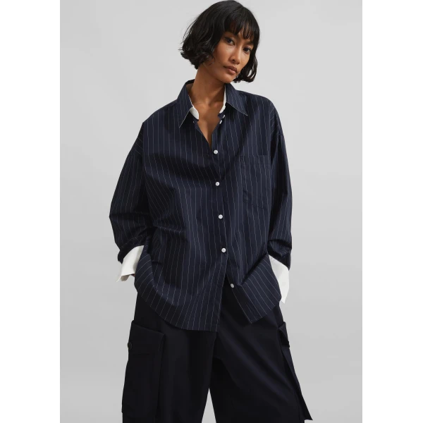 The Frankie Shop Lorna Shirt - Navy/White Pinstripe - Oversized Minimalist Tops in Blue - Shop at Luxury Shoes 