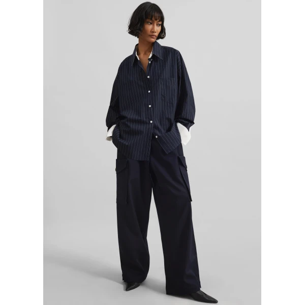 The Frankie Shop Lorna Shirt - Navy/White Pinstripe - Oversized Minimalist Tops in Blue - Shop at Luxury Shoes 