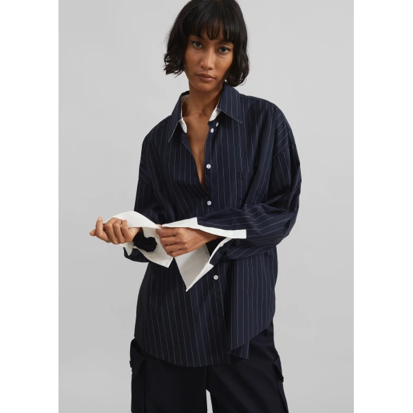 The Frankie Shop Lorna Shirt - Navy/White Pinstripe - Oversized Minimalist Tops in Blue - Shop at Luxury Shoes 