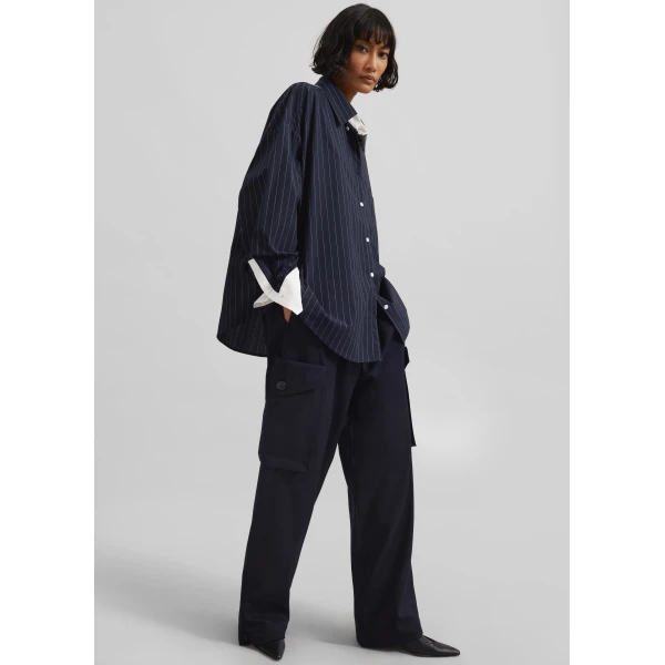 The Frankie Shop Lorna Shirt - Navy/White Pinstripe - Oversized Minimalist Tops in Blue - Shop at Luxury Shoes 