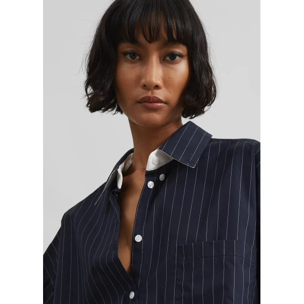 The Frankie Shop Lorna Shirt - Navy/White Pinstripe - Oversized Minimalist Tops in Blue - Shop at Luxury Shoes 