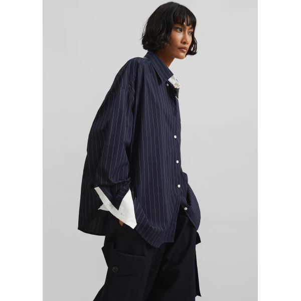 The Frankie Shop Lorna Shirt - Navy/White Pinstripe - Oversized Minimalist Tops in Blue - Shop at Luxury Shoes 