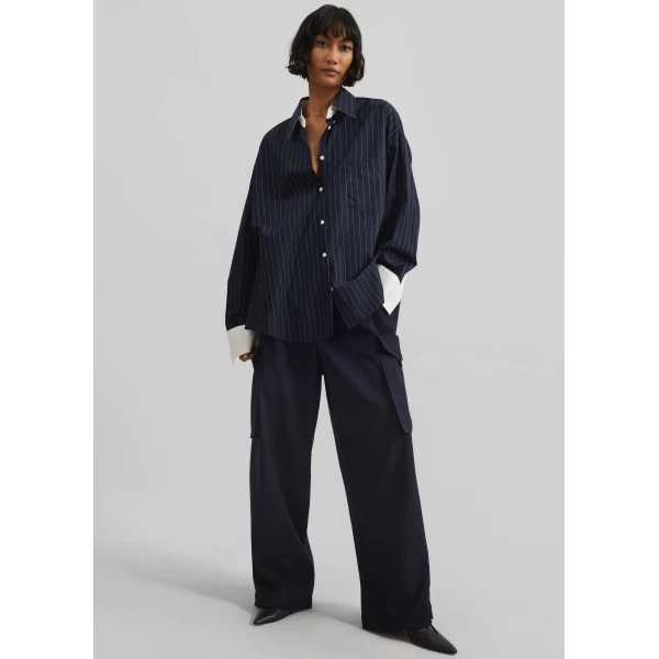 The Frankie Shop Lorna Shirt - Navy/White Pinstripe - Oversized Minimalist Tops in Blue - Shop at Luxury Shoes 