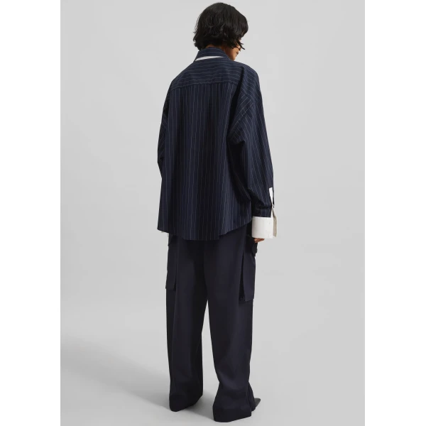 The Frankie Shop Lorna Shirt - Navy/White Pinstripe - Oversized Minimalist Tops in Blue - Shop at Luxury Shoes 