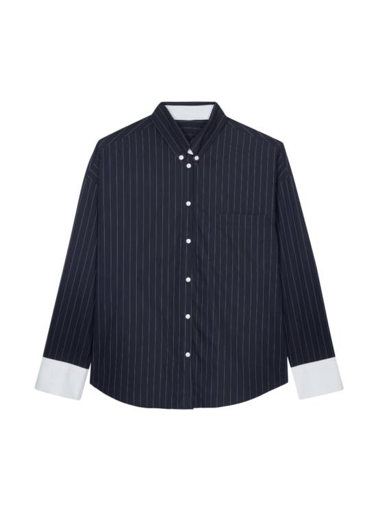 The Frankie Shop Lorna Shirt - Navy/White Pinstripe - Oversized Minimalist Tops in Blue - Shop at Luxury Shoes 