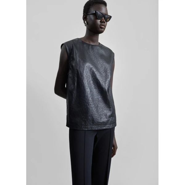 The Frankie Shop Loulou De Saison Fiza Ostrich-Effect Leather Top - Black - Oversized Minimalist Tops in Black - Shop at Luxury Shoes 