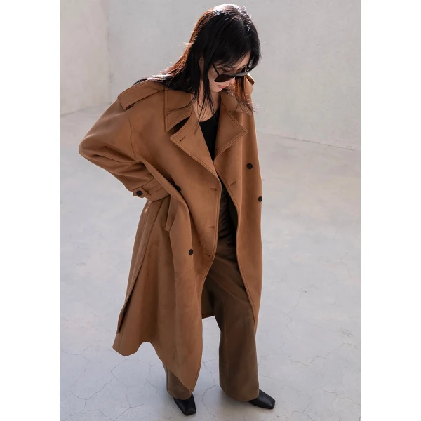 The Frankie Shop Lulea Faux Suede Trench Coat - Camel - Oversized Minimalist Coats in Brown - Shop at Luxury Shoes 