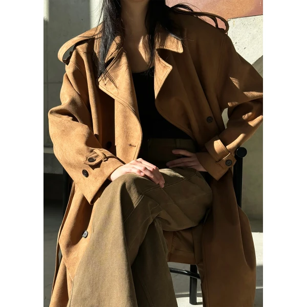 The Frankie Shop Lulea Faux Suede Trench Coat - Camel - Oversized Minimalist Coats in Brown - Shop at Luxury Shoes 