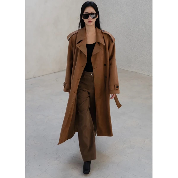 The Frankie Shop Lulea Faux Suede Trench Coat - Camel - Oversized Minimalist Coats in Brown - Shop at Luxury Shoes 