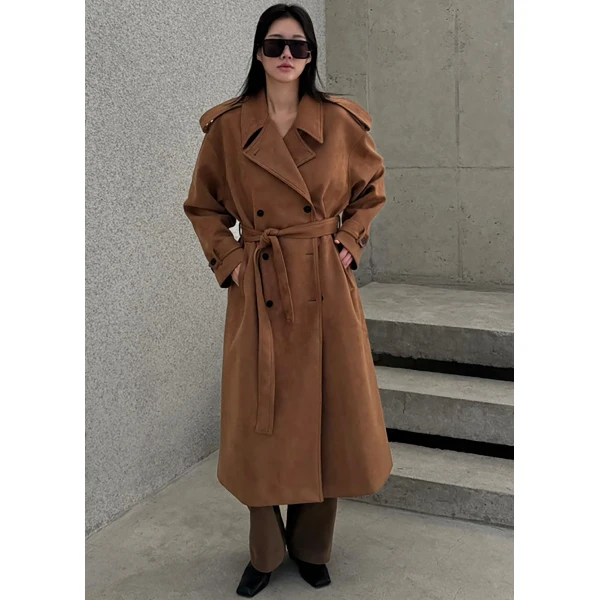 The Frankie Shop Lulea Faux Suede Trench Coat - Camel - Oversized Minimalist Coats in Brown - Shop at Luxury Shoes 
