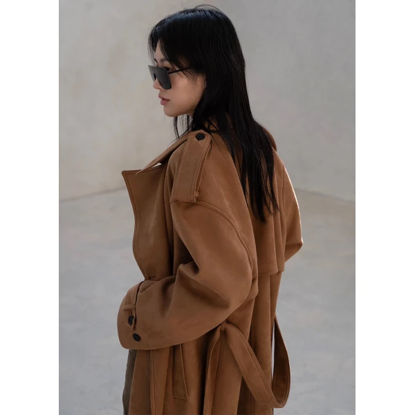 The Frankie Shop Lulea Faux Suede Trench Coat - Camel - Oversized Minimalist Coats in Brown - Shop at Luxury Shoes 