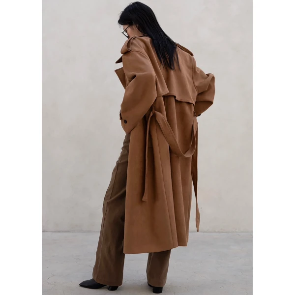 The Frankie Shop Lulea Faux Suede Trench Coat - Camel - Oversized Minimalist Coats in Brown - Shop at Luxury Shoes 