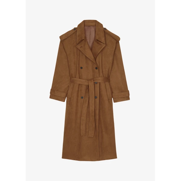 The Frankie Shop Lulea Faux Suede Trench Coat - Camel - Oversized Minimalist Coats in Brown - Shop at Luxury Shoes 