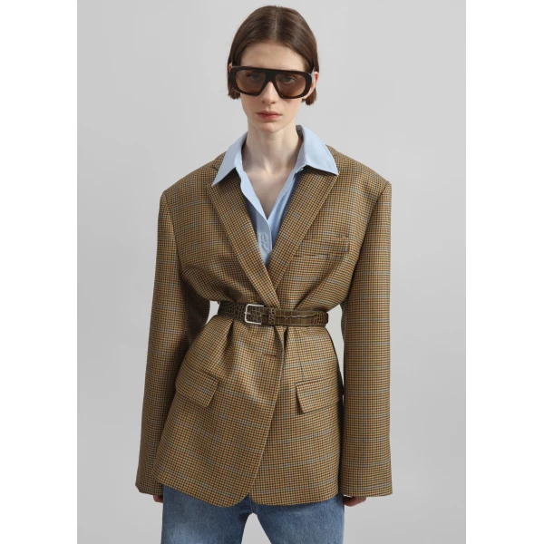 The Frankie Shop Lyra Oversized Houndstooth Blazer - Camel - Oversized Minimalist Jackets in Brown - Shop at Luxury Shoes 